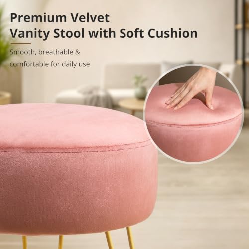 LUE BONA Vanity Stool, Pink Vanity Stools for Makeup Room, Round Ottoman Foot Stool, Velvet Footrest Vanity Chair for Bathroom Vanity, Bedroom, Living Room, Entryway, Offices, 300lbs