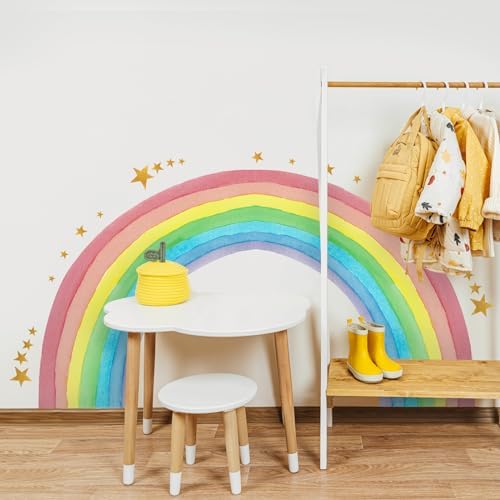 Large Rainbow Wall Decals Water Color Rainbow Stars Wall Decal DIY Vinyl Mural Art for Girls Baby Nursery Bedroom Playroom Home Decoration