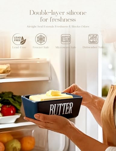 Ceramic Butter Dish with Lid and Knife & Silicone Seal for Countertop Blue