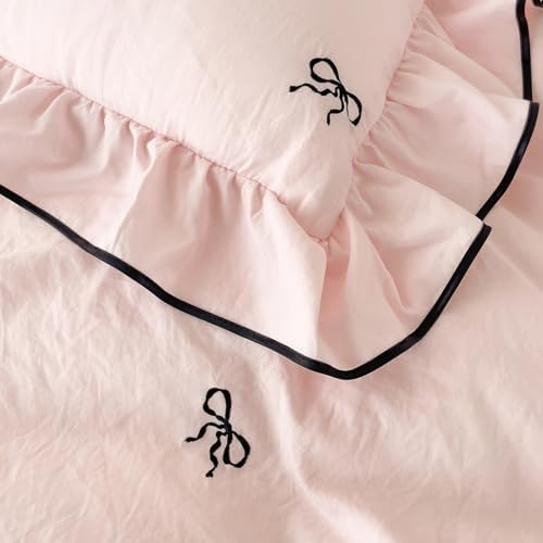 Chic Bow Duvet Cover Full Size 3 Pieces Vintage Pink Ruffled Bedding Set