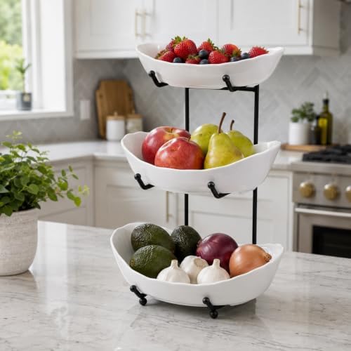 HBlife 3 Tier Fruit Bowl, Ceramic Fruit Basket for Kitchen Counter