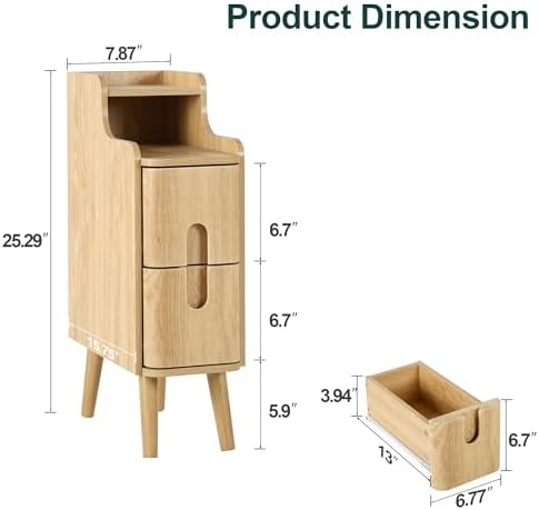 Narrow End Table Living Room, Wooden Small 2 Drawer Nightstand Bedroom, Thin Couch Side End Table, Vintage Skinny Bedside Table Small Spaces, Mid Century Modern Night Stand with Drawers (Natural-1 pc)