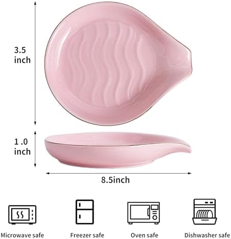 Ceramic Spoon Rest for Stove Top, 5 inch Gold Trim Spoon Holder for Kitchen Counter, Farmhouse Cooking Utensil Holder for Spoons, Ladles, Spatula, Glazed Pink