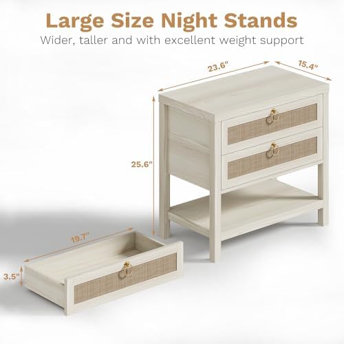 Eclatara Large Rattan Night Stand Set of 2 with 2 Drawers and Storage Shelf