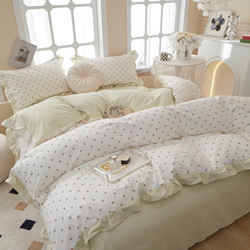 Floral 100% Cotton Duvet Cover Set Full Size Garden Style Bedding Set Ruffle for Teen Girls,Soft Comfy Quilt Covers,3 Pieces(1 Duvet Cover with 2 Pillowcases),Zipper & Corner Ties