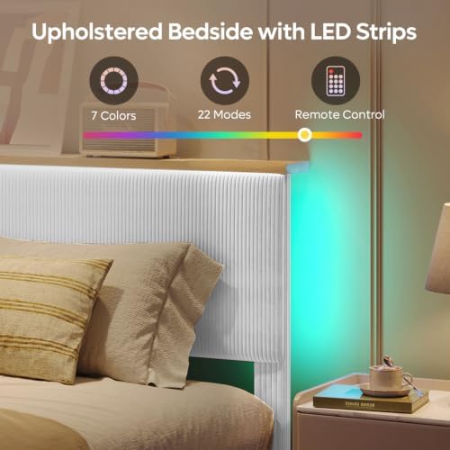 Bestier Queen Size Bed Frame with Adjustable Headboard & LED, Light Grey