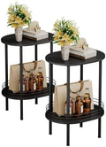 Black Oval Nightstand Set of 2, Small Modern Round Side Table with Storage