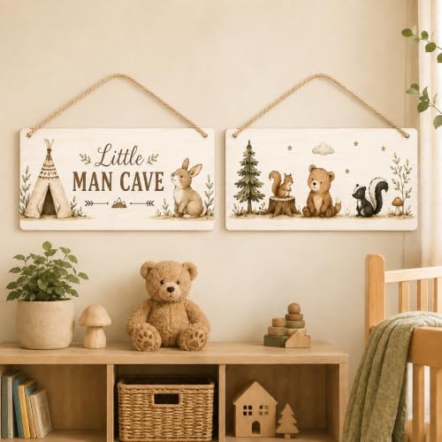 Little Man Cave Sign, Woodland Nursery Decor for Boys, Adventure Set of 2