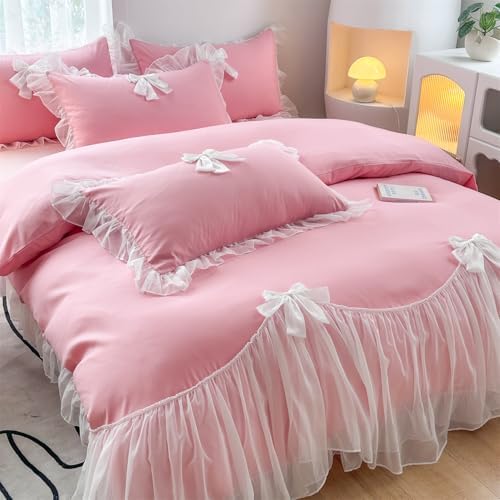 SOUKECHY Girls Lace Bedding,Twin Comforter Cover Set, Chic Ruffled Duvet Cover with Lovely Bow,Princess Style 1 Duvet Cover with 1 Pillowcases, No Comforter-Bright Pink,Twin Size