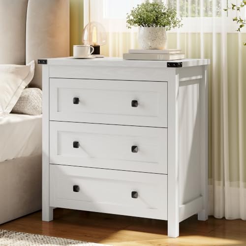 Farmhouse Nightstand with 3 Drawers, Wood Bedside Table, White