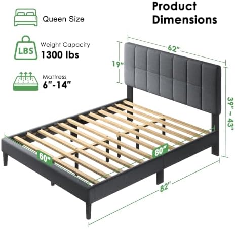 Marsail Upholstered Queen Bed Frame with Headboard, Modern Bed Frame, Gray