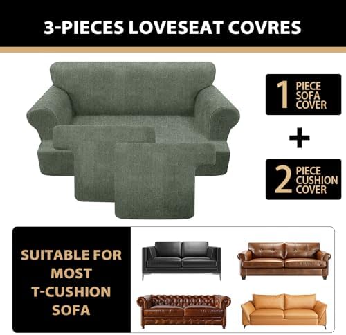 Sofa Covers 3 Piece T Cushion Sofa Slipcovers, Stretch Couch Cover with 2 Individual T Cushion Covers, Machine Washable Furniture Protector for Living Room(Green, 2 Cushions)