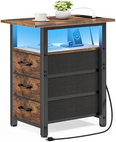 Vagusicc Nightstand with Charging Station and LED Lights, Narrow End Table, LED Night Stand with 3 Fabric Drawers for Bedroom, Small Bedside Table, Narrow Side Table for Small Spaces, Rustic Brown
