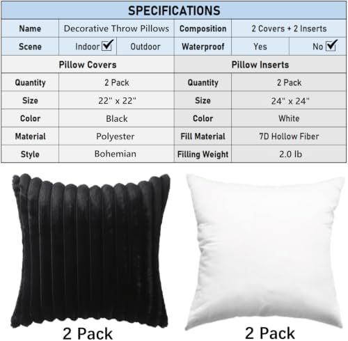 Decorative Throw Pillow with Inserts, Set of 2 Soft Faux Fur Throw Pillows, Boho Striped Pillow for Couch, Bed, Sofa Decor (Black, 22" x 22"(Pack of 2))