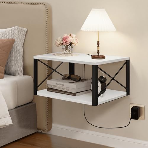 Homode Floating Night Stand, Modern Bedside Shelf Wall Mount, White
