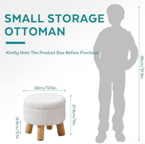 Small Ottoman with Storage, Small Storage Ottoman Round, Sherpa Foot Stool with Legs, Ottomans and Footstools for Living Room and Entryway (White)