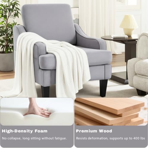 Mid-Century Accent Chair, Comfy Arm Chair Upholstered Living Room Chair for Bedroom, Fabric Reading Chair with Wood Legs for Apartment, Waiting Room, Vanity Room (Gray)