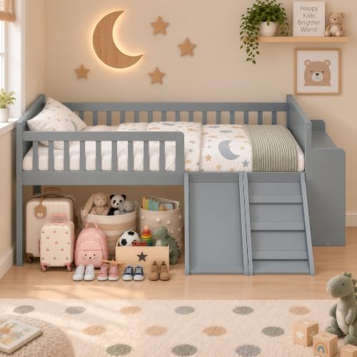 SOFTSEA Full Size Low Loft Bed with Slide and Storage Shelves, Wood Loft Bed Frame with Full Length Guardrails for Kids, Gray