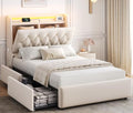 Twin LED Velvet Bed Frame with 2 Storage Drawers&Hidden Headboard, Upholstered Platform Bed with Charging Station&Button Tufted Design, Wooden Slats Support, Box Spring Optional, Easy Assembly, Beige