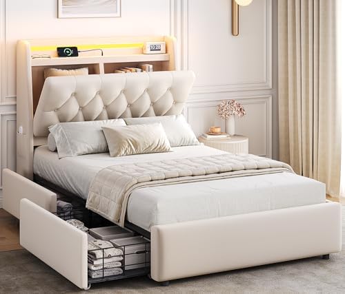 Twin LED Velvet Bed Frame with 2 Storage Drawers&Hidden Headboard, Upholstered Platform Bed with Charging Station&Button Tufted Design, Wooden Slats Support, Box Spring Optional, Easy Assembly, Beige