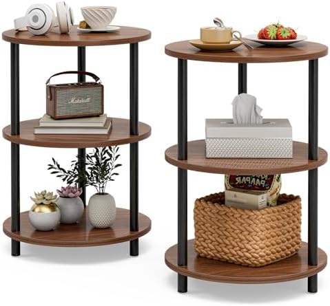 XBurmo Small Round End Table - 3 Tier Design Accent Table, Narrow Side or Bedside Stand, Industrial Vintage Nightstand for Bedroom, Living Room, or Small Spaces, Set of 2, Rustic Walnut