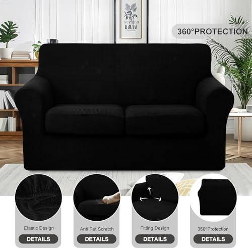 3 Pieces Stretch Loveseat Cover for 2 Cushion, Black