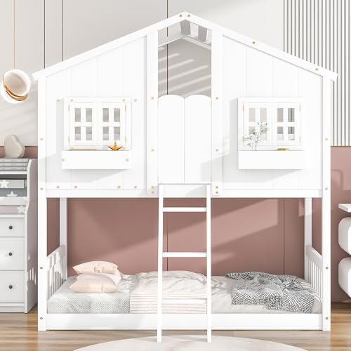 Twin Over Twin House Bunk Bed with Roof and Window, White