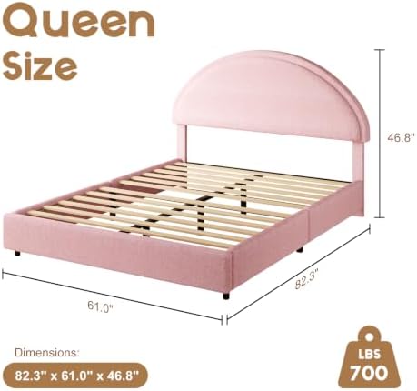 REVOMINCA Queen Bed Frame, Upholstered Platform Bed with Headboard, Boucle Bed Frame with Round Corner, No Box Spring Required, Easy Assembly, Pink