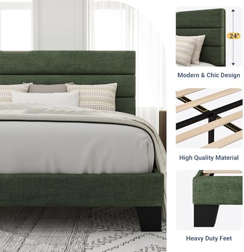 Allewie Queen Size Platform Bed Frame with Fabric Upholstered Headboard and Wooden Slats Support, Fully Upholstered Mattress Foundation/No Box Spring Needed/Easy Assembly, Green