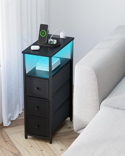TUTOTAK Narrow LED Night Stand with Charging Station, Slim End Table