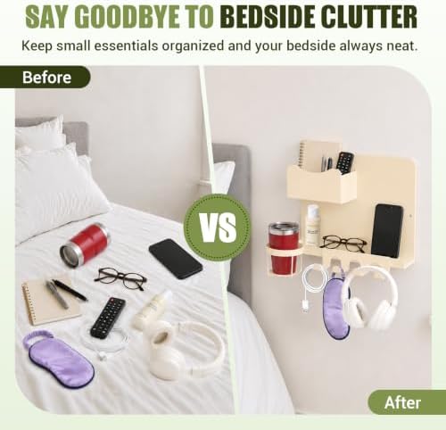 Floating Bedside Wall Shelf, Metal Wall Organizer with Detachable Cup Holde