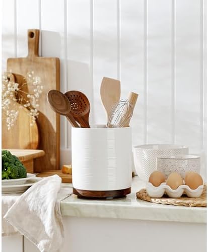 Utensil Holder, 360° Rotating Extra Large Ceramic Kitchen Utensil Holder for Countertop, 7.3“ Cooking Utensil Crocks for Kitchen Counter with Rotatable Wooden Base, Farmhouse Decor, White
