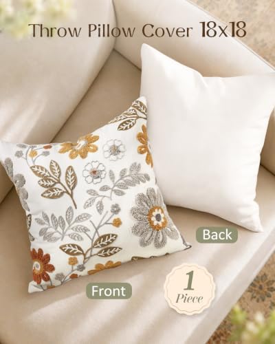 Fall Embroidered Throw Pillow Cover 18x18 Inch, Amber Blooms