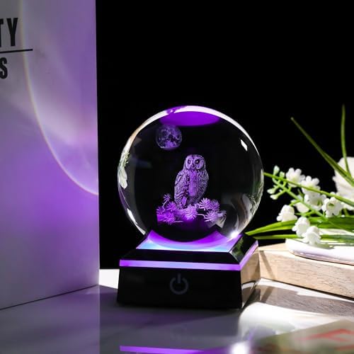 Owl Gifts for Women 3D Crystal Ball 3.14'' - Laser Owl Decor Glass Animals Bird Figurines Statue Stuff for Room Decorations Bird Night Light