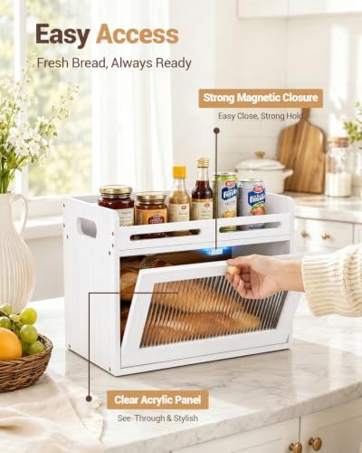 Bread Box for Kitchen Countertop, Bamboo Storage with Top Shelf, White