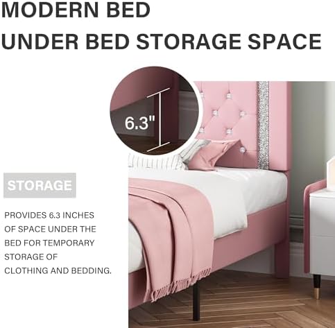 Queen Size Bed Frame, Faux Leather Upholstered Bed with Diamond Headboard