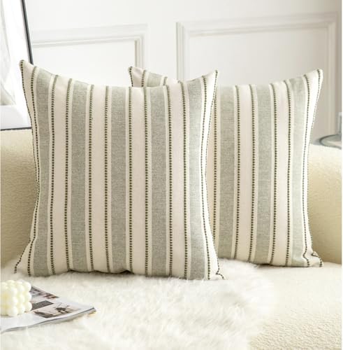 Cethom Decorative Boho Throw Pillow Covers, Farmhouse Textured Pillow Case, 18 x 18 Inch Set of 2, Chair Sofa Bedroom Living Room Home Decor Couch Cushion Case, Olive Green and Beige Striped