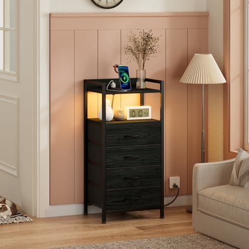 Furnulem Night Stand with Charging Station,LED,Tall Bedside Table for Dorm