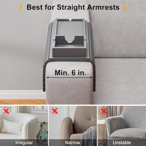 Bestjing Bamboo Couch Armrest Table with Detachable Cup Holder Tray (Gray)