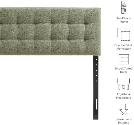 Modway Lily King Size Headboard with Biscuit Tufting in Leaf - Fabric Upholstery with Padded Design and 5 Height-Adjustable Mounts