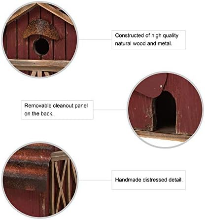 glitzhome 10.2" H Rustic Bird House Outdoor Garden Red Barn Patio Garden Decorative Handmade Distressed Solid Wood Birdhouse
