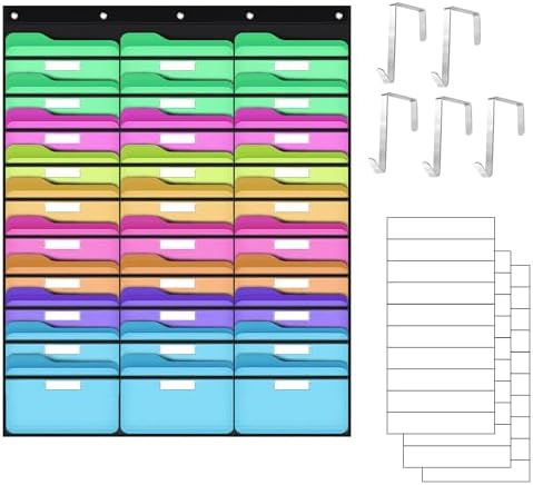ABCxGOOD 30 Pockets Hanging Wall File Organizer, Transparent Clear Pockets Storage Chart with Over Door Hooks for Office, Classroom & Home, File Folder & Paper Organizer, Includes Labels (30 Pockets)