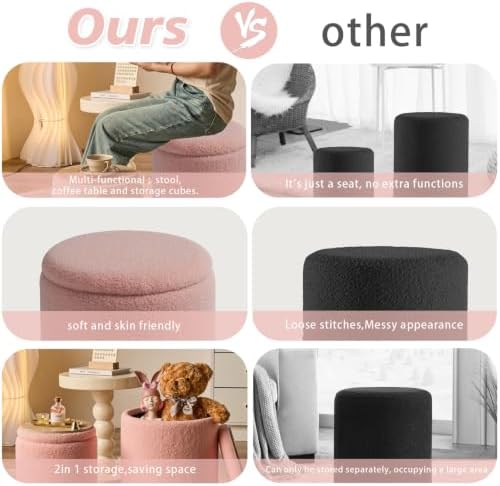 BLEXA Set of 2 Round Storage Ottoman, Pink Sherpa Ottoman with Storage