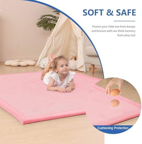 Baby Play Mat for Floor,1.3" Thick Memory Foam Tummy Time Mat for Toddlers,Infants,Kids,Water-Repellent Soft Nursery Rug,Extra Large Non Slip for Crawling&Yoga,Tatami Style for Living Room(Pink)