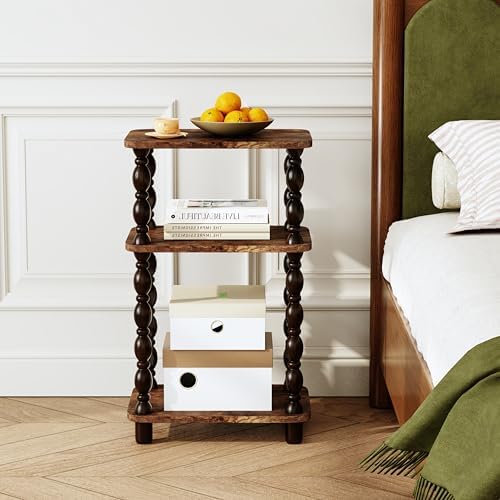 Retro End Table, 3-Tier Small Side Table, Narrow Couch Side Table for Small Spaces, Farmhouse End Table, Modern Accent Table, Skinny Bedside Table Nightstand for Bedroom, Living Room (Rustic Brown)