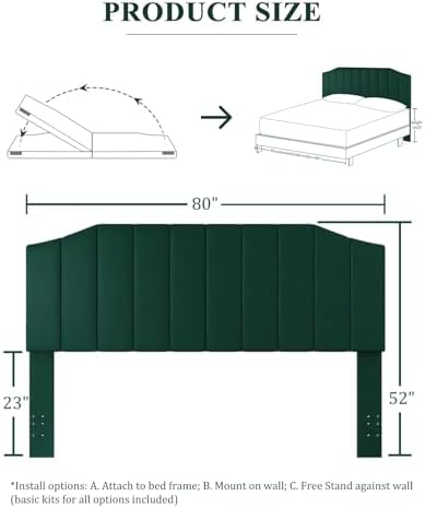 Furpopup Velvet King Size Headboard Only, Wall and Bed Frame Mount, Jade Green