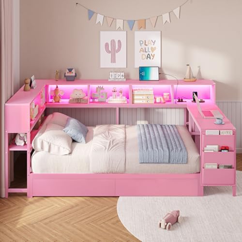 DICTAC Corner Twin Bed Frame with Desk,Charging Station and Bookcase Storage Pink Bed Frame for Girls with Storage Drawers and Led Lights Twin Size Daybed with Open Shelves,No Box Spring Needed