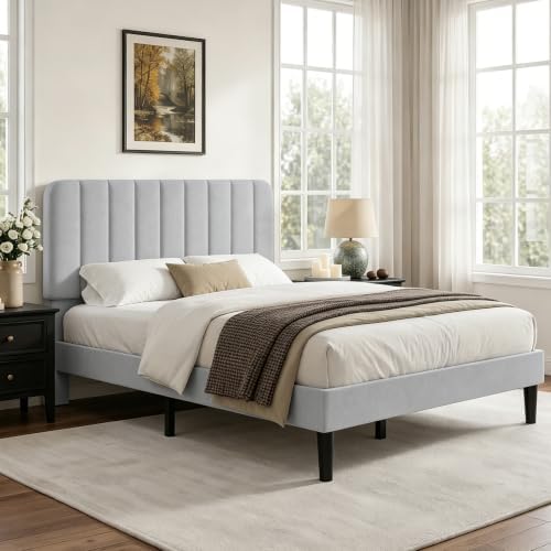 VECELO Queen Size Bed Frame with Upholstered Headboard, Velvet Platform Bedframe Mattress Foundation, Strong Wood Slat Support, No Box Spring Needed,Light Grey