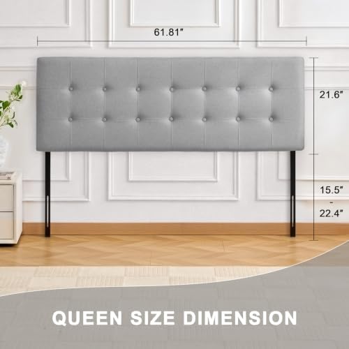 Linen Tufted Headboard Queen Size, Solid Wood Queen Headboard Only, Grey