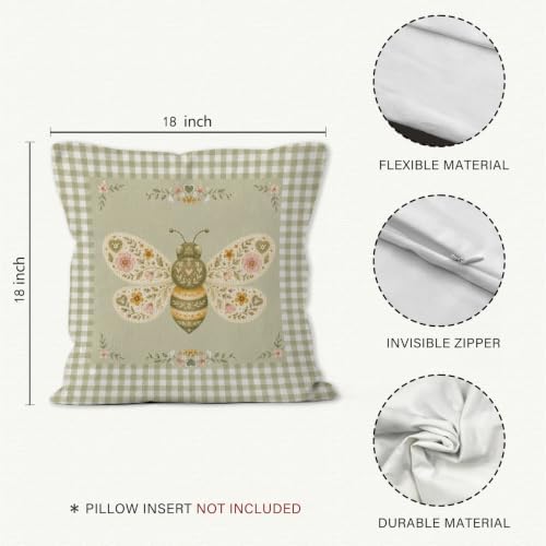 Farmhouse Green Gingham Bee Floral Nursery Throw Pillow Cover 18x18